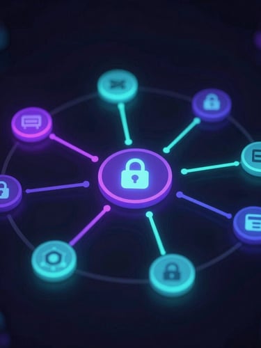 Abstract glowing nodes representing secure API data flow in deep obsidian space, neon purple and cyan accents, flat-lay vector diagram styling