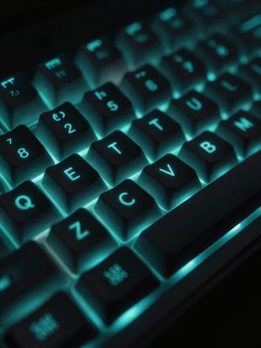 Macro shot of a mechanical keyboard in low light, glowing electric cyan LED backlight, shallow depth of field, high-contrast dark-mode UI photography