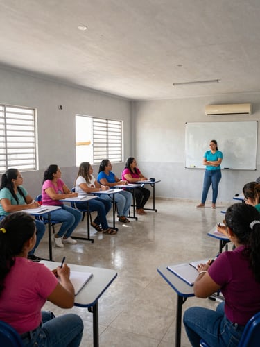 Wide shot of a community training room in Parauapebas: a small group of women seated at tables with notebooks, a facilitator standing beside a whiteboard at the far end, overcast natural light through louvered windows, honest institutional setting, environmental framing showing the full room and participants engaged in activity, no forced expressions