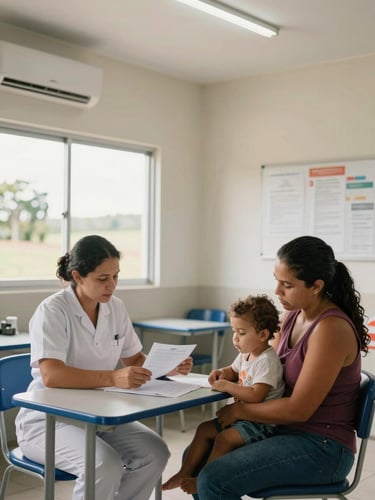 Wide environmental shot inside a community health room in Parauapebas: a nurse seated beside a mother holding a young child, reviewing paperwork together on a small table, natural daylight from a side window, honest institutional lighting, mid-distance framing showing the full room context, no posed smiling, real interaction in progress
