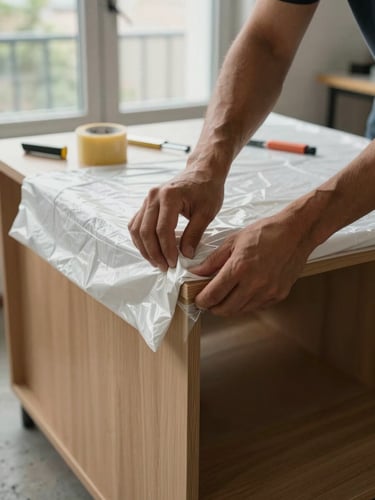 Close-up medium shot of a moving crew member's hands carefully wrapping a wooden cabinet corner with padded blanket and stretch film, natural daylight through an apartment window, concrete floor visible below, tools and packing tape in background