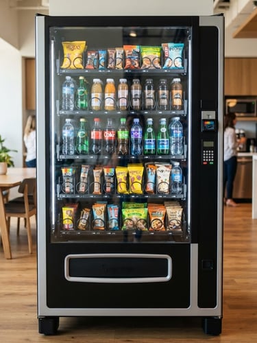 Straight-on medium shot of a modern, clean glass-front vending machine in a brightly lit office breakroom, stocked with colorful drinks and local snacks, natural light, sharp focus