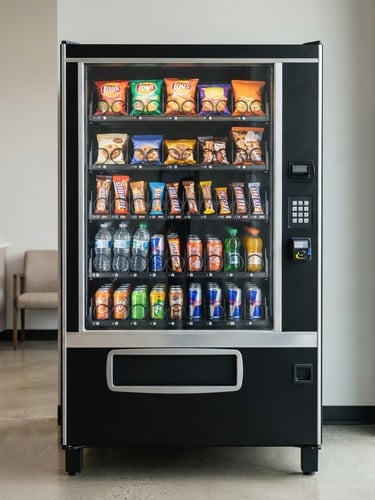 Straight-on medium shot of a sleek modern snack and drink vending machine in a bright, clean local warehouse breakroom, vibrant packaging visible, natural light