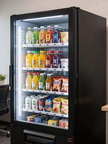 Bright clean commercial photography of a modern Honolulu office breakroom, a fully stocked drink and snack vending machine with vibrant local juices and snacks, natural light, sharp focus