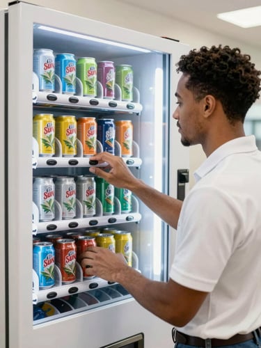 A friendly local technician in a clean polo shirt restocking a modern vending machine with colorful Hawaiian Sun cans, bright natural breakroom lighting, crisp details