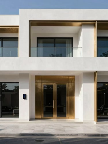Wide architectural shot of a luxury villa exterior in Abu Dhabi under sharp daylight, showcasing integrated smart systems, clean lines, high contrast.