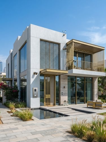 Wide architectural shot of a luxury villa exterior in Abu Dhabi, crisp daylight, showing subtle integration of smart home sensors and security cameras, cool metallic tones with brass accents.