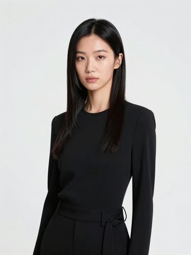 Minimalist studio portrait of a professional female hairstylist with sophisticated styling, clean white background, high-key lighting, professional aesthetic, 35mm