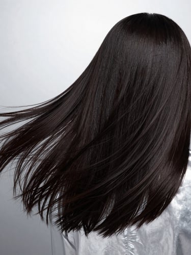 High-key studio photography of a model with incredibly smooth, glossy, flowing dark hair, reflective silver background, sharp focus, minimalist clinical aesthetic, 35mm