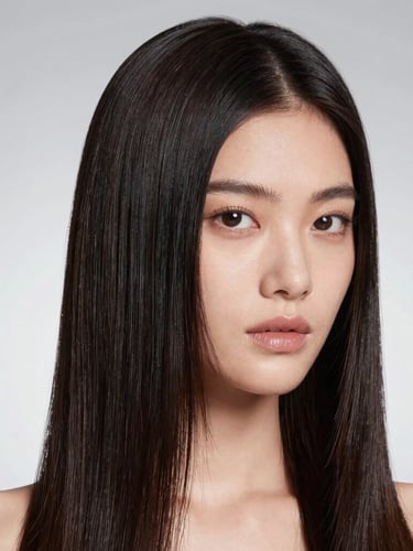 High-key studio photography of a model with perfectly straight, glossy dark hair reflecting light like a mirror, clean silver background, sharp focus, professional cosmetic campaign style.