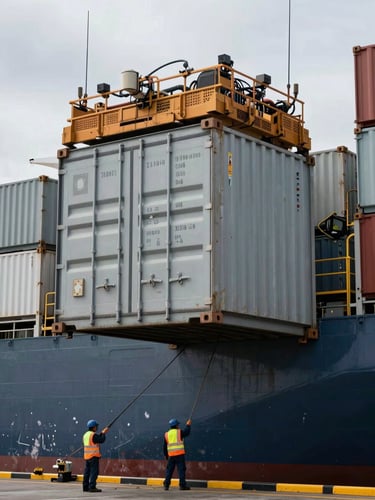 Medium shot of a sealed shipping container being loaded onto a cargo vessel at a commercial port under cool overcast daylight, dock workers in high-visibility vests visible at the lower frame, steel container surfaces sharp with stenciled codes