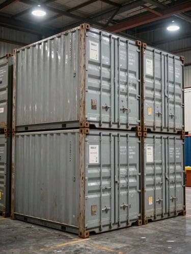 Medium shot of sealed export containers stacked in a warehouse staging area under overhead industrial lighting, labels visible, concrete floor, no people