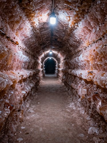 Wide shot looking into the Khewra salt mine tunnel, cool overhead lighting illuminating pink and amber salt crystal walls, a long straight passage receding into darkness, no people, documentary industrial framing