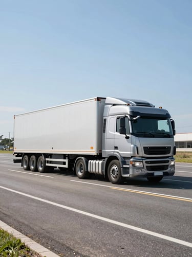 A professional multi-car carrier truck parked on a clean asphalt lot under bright daylight, crisp silver and blue tones, 35mm lens