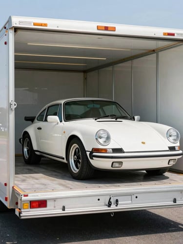 A pristine vintage sports car parked inside a clean, modern enclosed carrier trailer, bright daylight, professional automotive photography, 35mm lens.