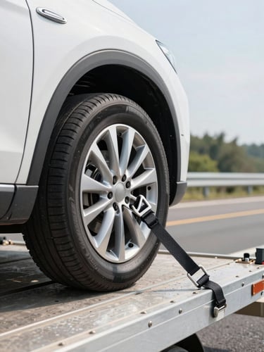 Close-up of secure heavy-duty tie-down straps locking a clean vehicle wheel onto a metal transport trailer, bright crisp daylight, professional automotive detail