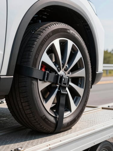 Close-up of secure heavy-duty tie-down straps locking a clean vehicle wheel onto a metal transport trailer, bright outdoor sun, crisp details, 35mm lens.