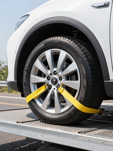 Close-up of heavy-duty yellow tie-down straps securing a clean car wheel to the metal deck of an open transport carrier, bright crisp daylight.