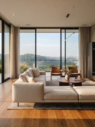 Elegant modern living room in Caxias do Sul with large windows, soft afternoon light casting warm shadows on oak floors, minimalist high-end furniture, architectural photography.