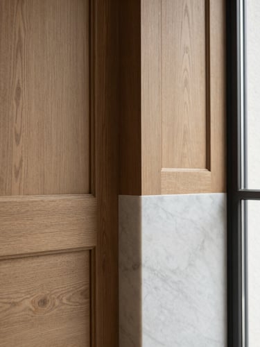 Close-up of elegant architectural textures, natural oak wood panels meeting clean white marble slab, soft side lighting from a large window, refined and sophisticated, 35mm lens
