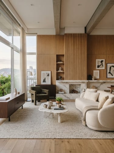 Elegant modern apartment interior in Caxias do Sul, high ceilings, soft morning light hitting warm wood paneling and marble details, professional architectural photography, 35mm lens