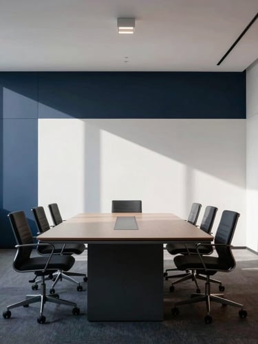 A minimalist modern boardroom flooded with sharp natural light and deep shadows, clean architectural lines, high-contrast, 35mm lens