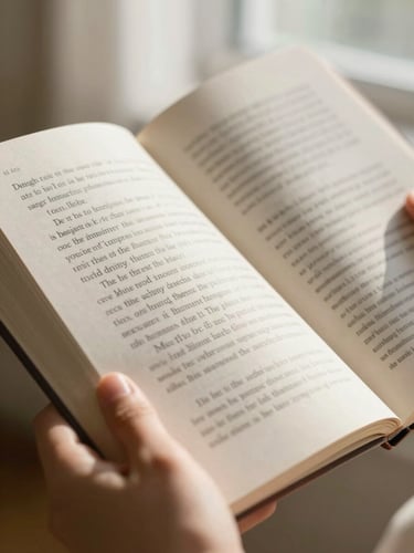 A macro close-up of hands holding an open book with crisp, clear printed text, soft morning window light illuminating the pages, warm editorial photography style.