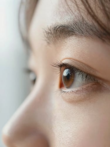 Macro close-up of a human eye looking toward soft natural morning light, clean editorial photography, shallow depth of field, 35mm