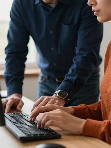 Close-up of a mentor helping an adult student with computer training, hands on keyboard, warm natural light, rich navy tones, 35mm