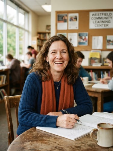 A warm editorial portrait of an adult student smiling in a brightly lit Indiana community learning center, natural window light, 35mm