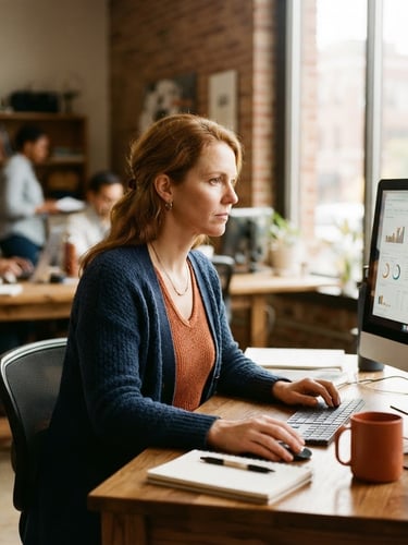 Eye-level medium shot of an adult learner in a bright Indianapolis studio, focused on a modern desktop screen, warm window light, rich navy tones, 35mm