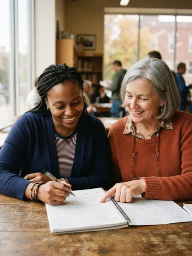 A warm close-up of a mentor and an adult learner reviewing a notebook together in a sunlit community center in Indiana, soft window light, natural expressions, 35mm
