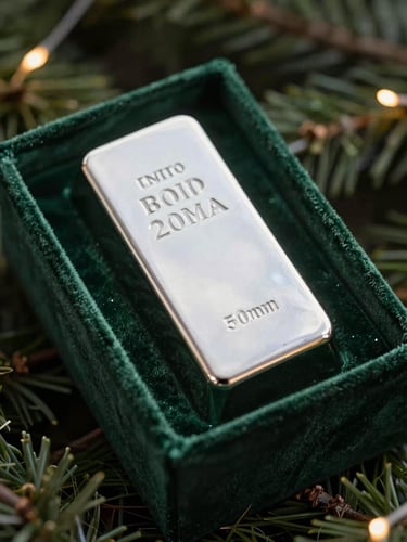 A close-up of a heavy, gleaming silver bar resting in a deep forest green velvet gift box, soft holiday ambient light catching the polished edges, 50mm lens