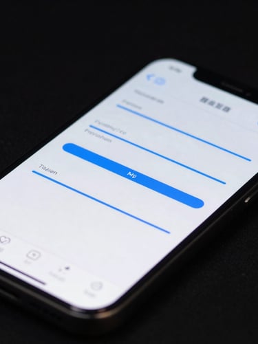 Extreme close-up of a physical iPhone displaying a high-fidelity interactive mobile application UI with glowing blue accent lines, dark studio lighting, low-key atmosphere, high contrast.
