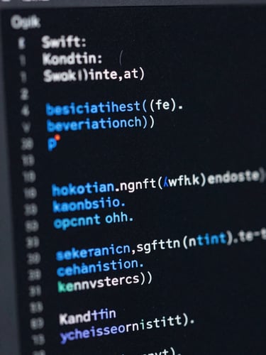 Macro close-up of a dark-mode IDE showing clean Swift and Kotlin code, sharp electric blue syntax highlighting, shallow depth of field, high contrast studio lighting.