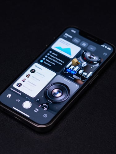 High-fidelity interactive UI mockup on a physical iPhone screen, low-key studio lighting with sharp neon blue key lights, extreme close-up showing micro-interactions.