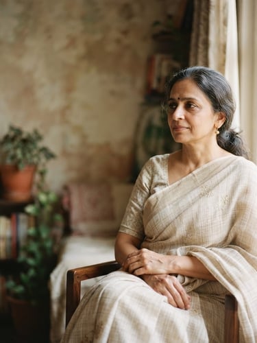 A warm editorial portrait of Alka Choudhary Kinra in soft diffused morning light, looking thoughtful, ivory and muted earth tones, negative space on the left