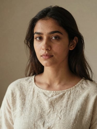 Intimate portrait of Alka in a soft linen top, warm natural morning light, shallow depth of field, neutral earth tone background