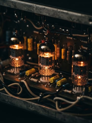 macro low-key photography of warm glowing vacuum tubes inside a high-end compressor, deep shadows, dark slate background, 50mm lens