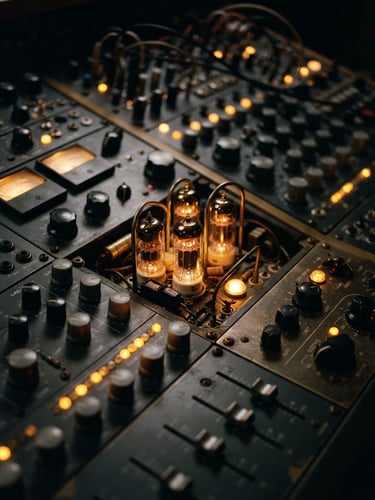 Macro close-up of a high-end analog mastering console, glowing gold vacuum tubes, warm amber indicator lights, deep slate gray faders, dramatic low-key studio lighting, 50mm lens