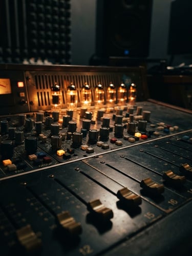 Moody low-key studio photography of a high-end analog mixing console. Warm amber vacuum tube glow illuminates tactile faders and knobs. Deep shadows in the background with soft acoustic paneling textures, shot with a 50mm lens.