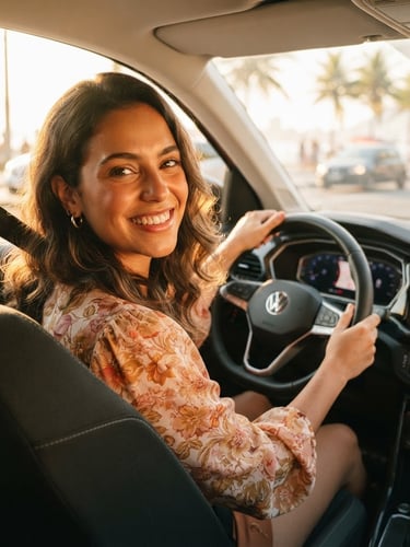 A young Brazilian woman smiling behind the wheel of a modern car, bright natural golden-hour daylight, warm rose and gold undertones, shallow depth of field.