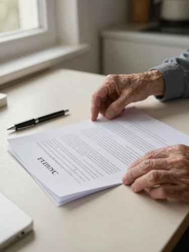 Close-up of aged hands turning pages of an insurance document on a kitchen table, soft north-facing daylight from a window to the left, pen resting beside the papers, warm cream surface visible