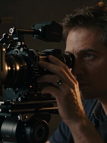 A high-end 35mm cinematic portrait of a director looking through an anamorphic camera viewfinder, dramatic low-key lighting, rich dark shadows, subtle gold light accents.