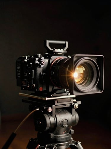 Cinematic film photography of a high-end camera rig on a dark, atmospheric studio set, low-key dramatic lighting, subtle gold anamorphic lens flare, 35mm