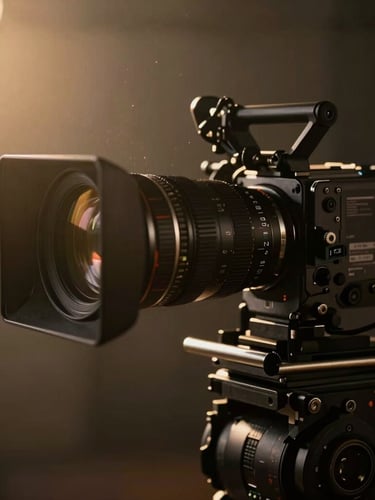 A close-up of a professional matte box and cinema lens on a camera rig, warm golden-hour light catching dust particles in the air, deep rich shadows, cinematic film photography, 35mm.