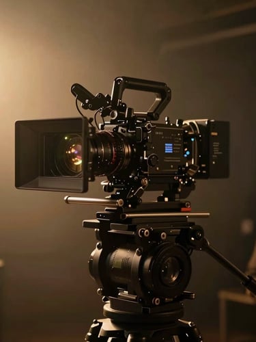 A high-end 35mm cinematic production still of an anamorphic camera rig on a dimly lit film set, warm golden-hour lens flare, rich dark shadows, shallow depth of field.