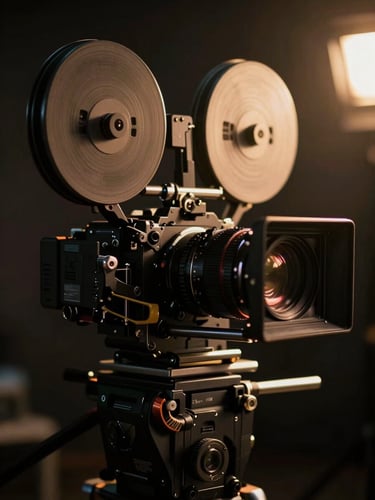Cinematic close-up of a professional 35mm film camera rig on a dark set, golden-hour light catching the lens flare, shallow depth of field.