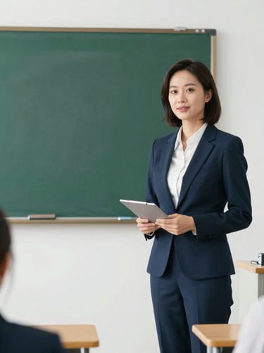 Dignified high school teacher presenting in a modern seminar room with bright natural light, professional editorial style, emerald green accents.