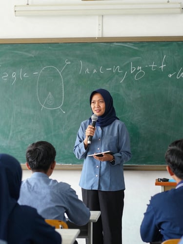 Dignified high school teacher presenting a digital lesson in a bright classroom in North Sumatra, professional editorial photography, natural light, emerald and slate blue tones, 35mm lens.